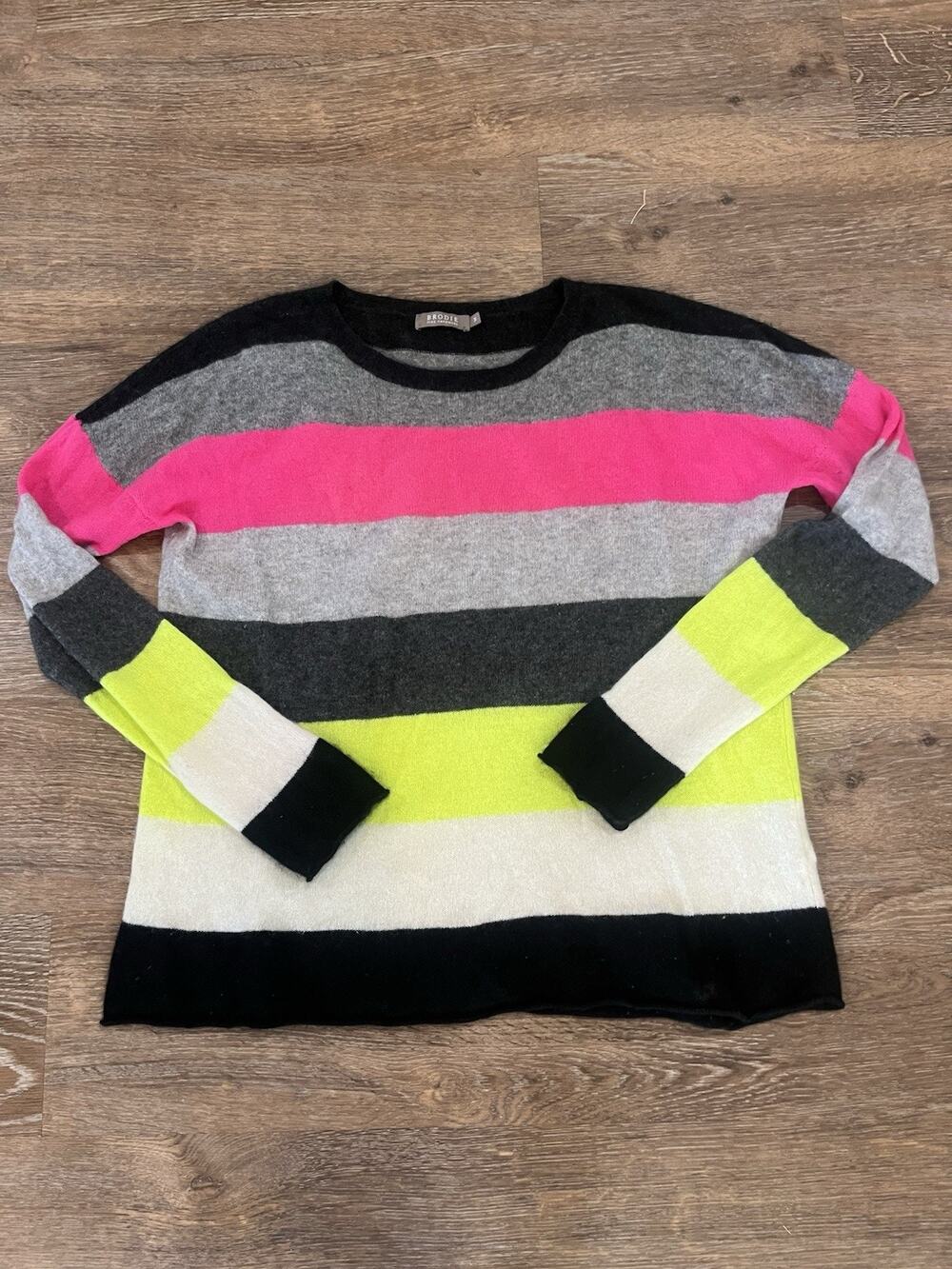 Brodie Fine Cashmere Striped Sweater Medium Neon Pink Yellow Gray 100% Cashmere